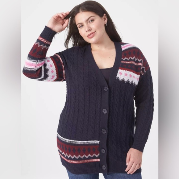Lane Bryant|Classic button front cable & jacquard cardigan in geometric pattern• - Picture 2 of 14